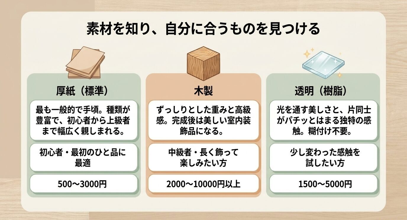 厚紙、木製、透明素材のジグソーパズルについて、特徴・向いている人・価格帯を比較した説明図