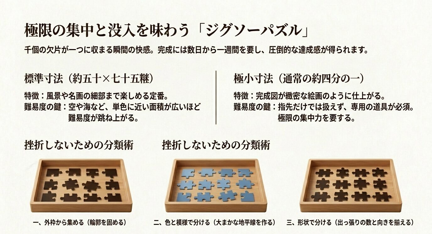 標準サイズと極小サイズのジグソーパズルの特徴を比較し、外枠、色と模様、形でピースを分類する手順を示した解説画像。