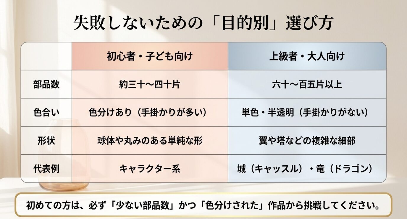初心者・子ども向けと上級者・大人向けを、部品数、色合い、形状、代表例で比較した表