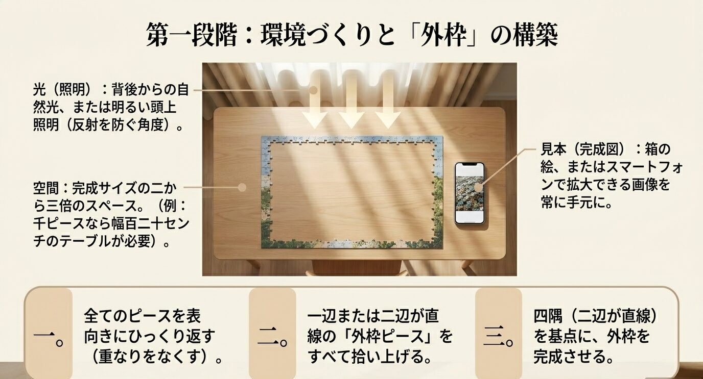 照明、作業スペース、完成図の確認、外枠ピースの取り出しと四隅から組む手順を示したスライド