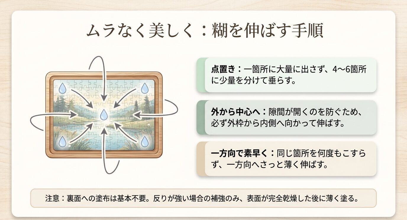 ジグソーパズルのりを少量ずつ置き、外側から中心へ向かって薄く均一に伸ばす手順を示した図