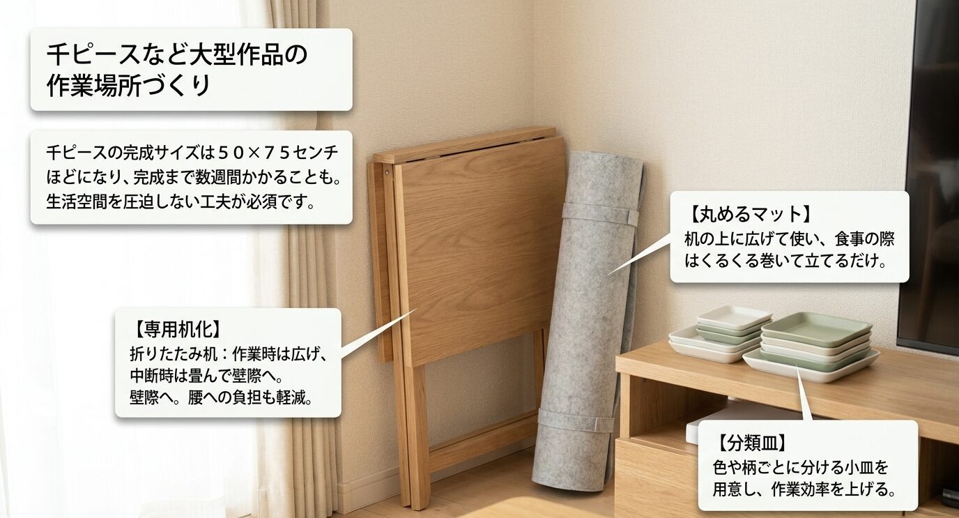 1000ピースなど大型パズルのために、専用机、丸めるマット、分類トレイを使って作業場所を整える方法を示すスライド