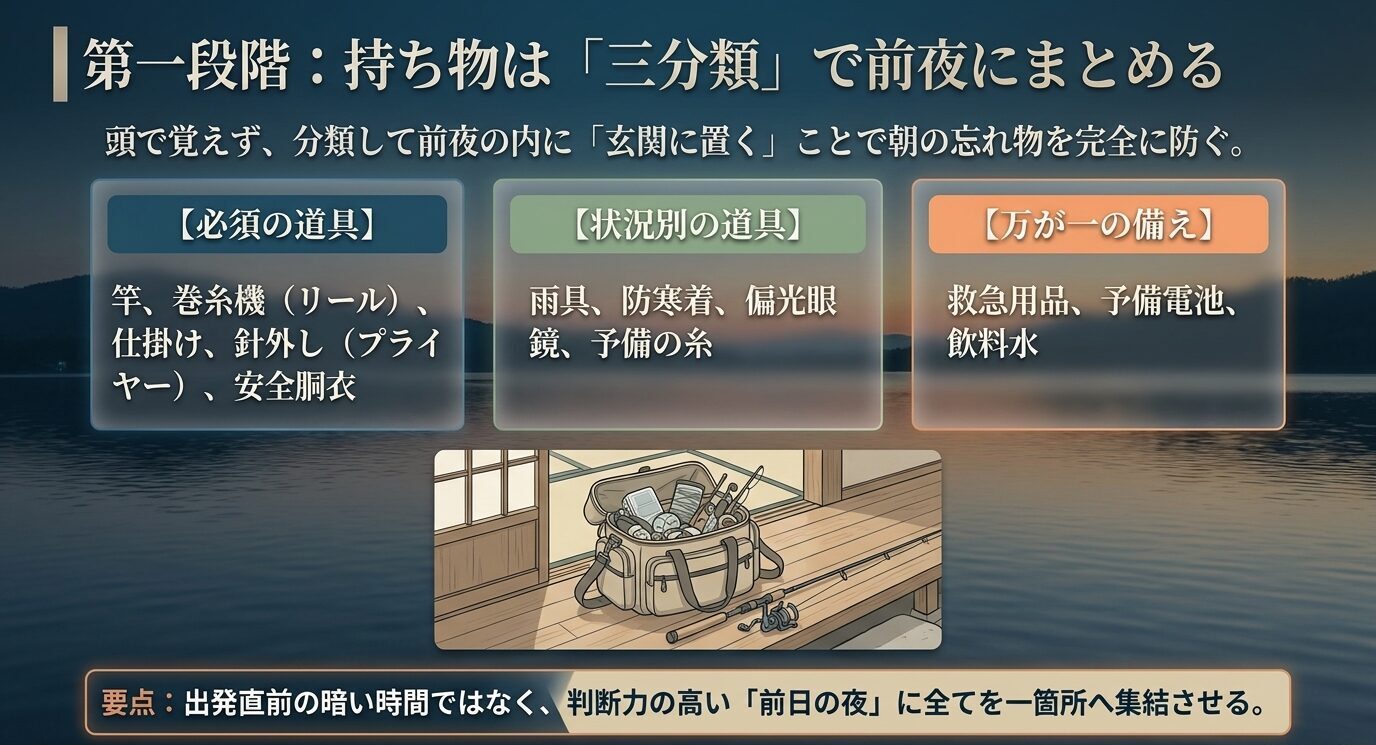 必須の道具、状況別の道具、万が一の備えに分けて、釣りの持ち物を前夜にまとめる方法を示すスライド