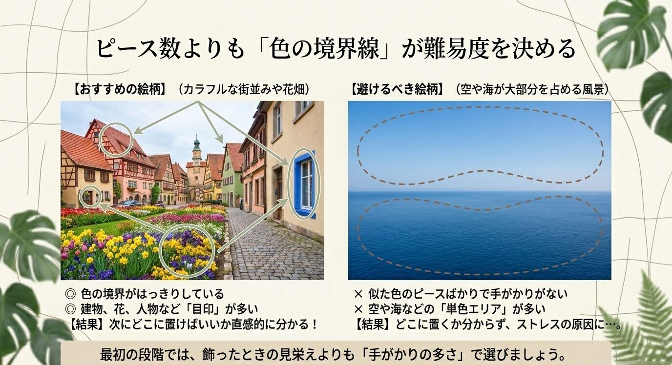 カラフルな街並みや花畑は手がかりが多く、空や海が大部分を占める絵柄は難しいことを比較したスライド。