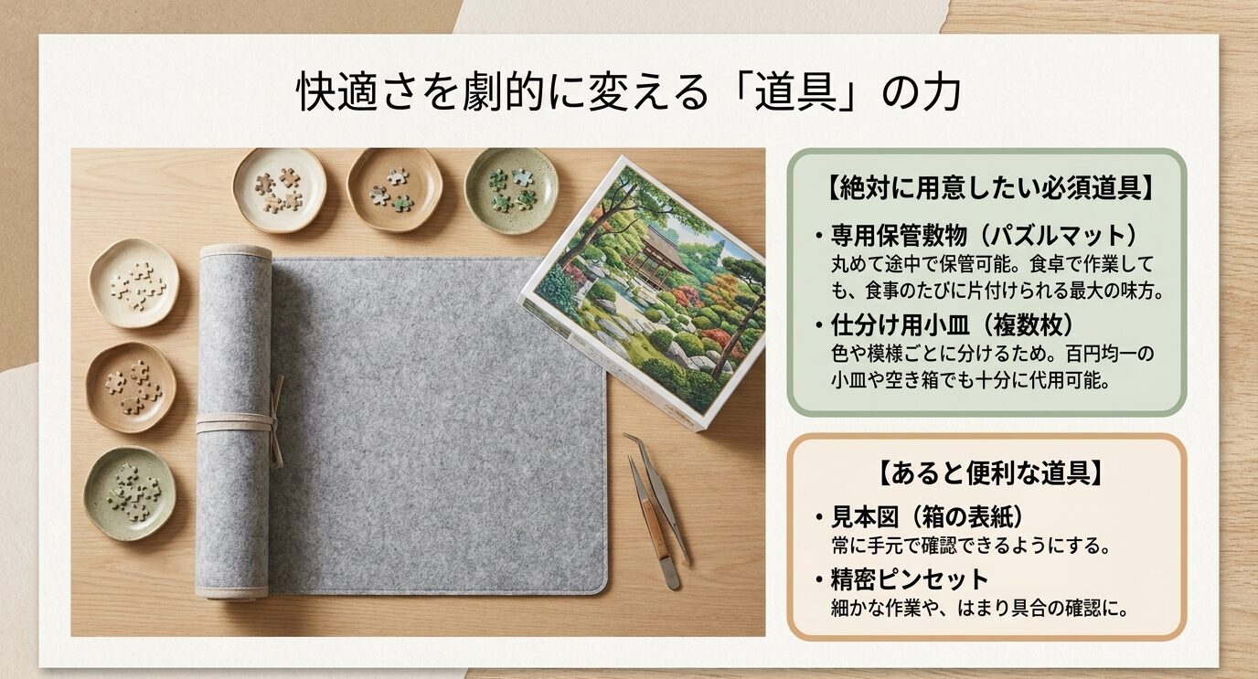 パズルマット、仕分け用小皿、完成図、ピンセットなど、ジグソーパズルを快適に進めるための道具を紹介した図