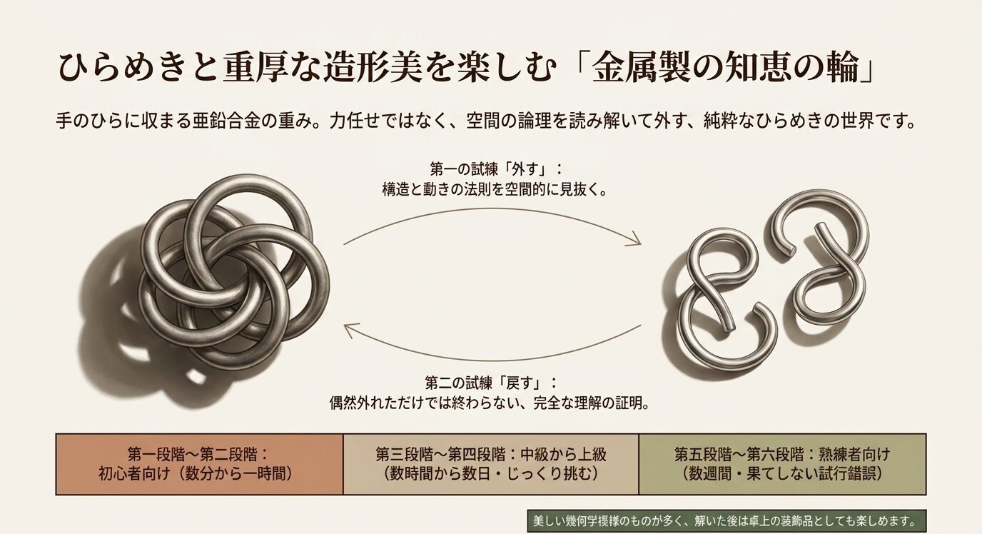 絡み合った金属製の知恵の輪と外れた状態のパーツを示し、外す試練と戻す試練、初心者から熟練者向けまでの難易度を説明している。