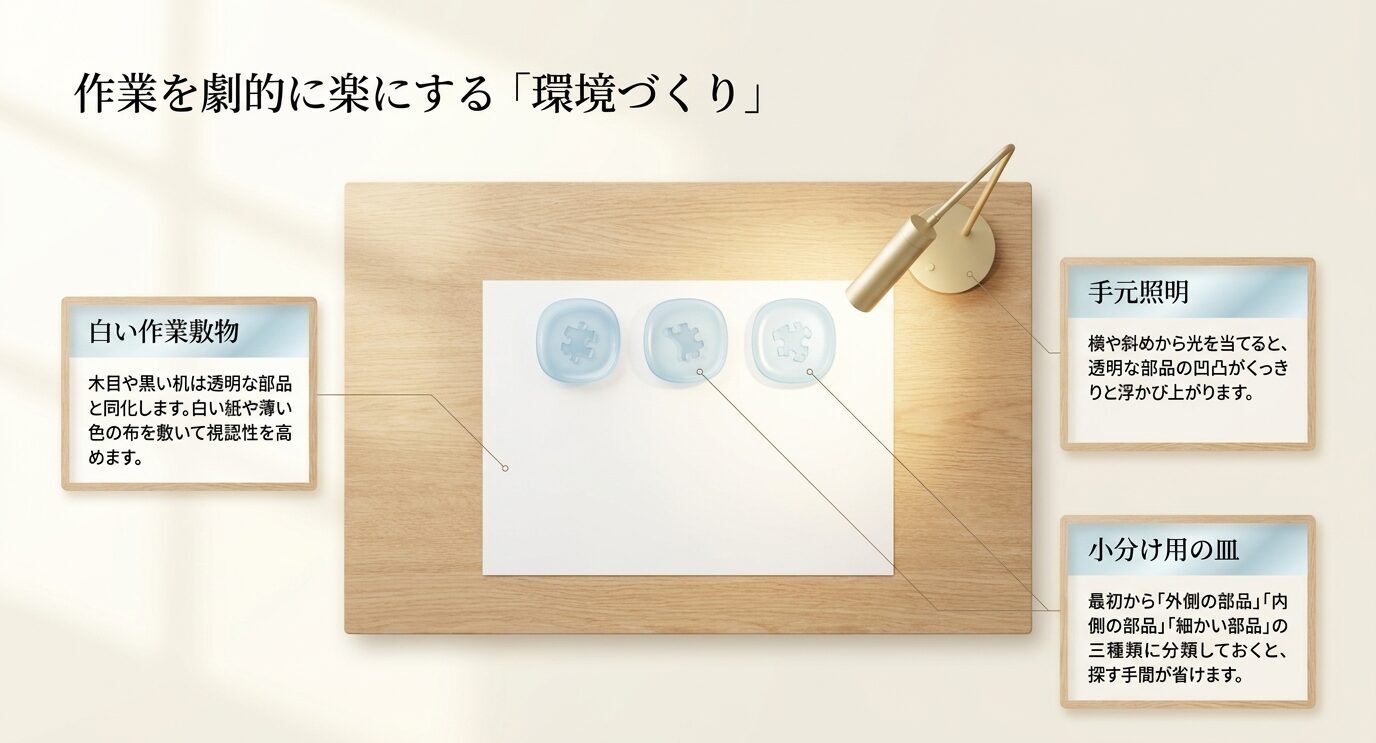 白い作業敷物、手元照明、小分け用の皿を用意した作業台で、透明ピースを見やすく整理する方法を示した図解