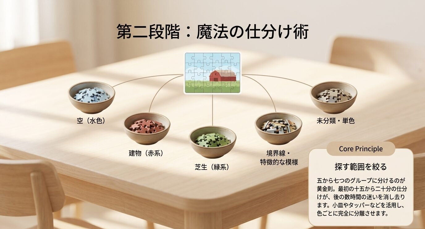 空、建物、芝生、境界、未分類のようにピースを色や絵柄ごとに仕分ける方法を示したスライド