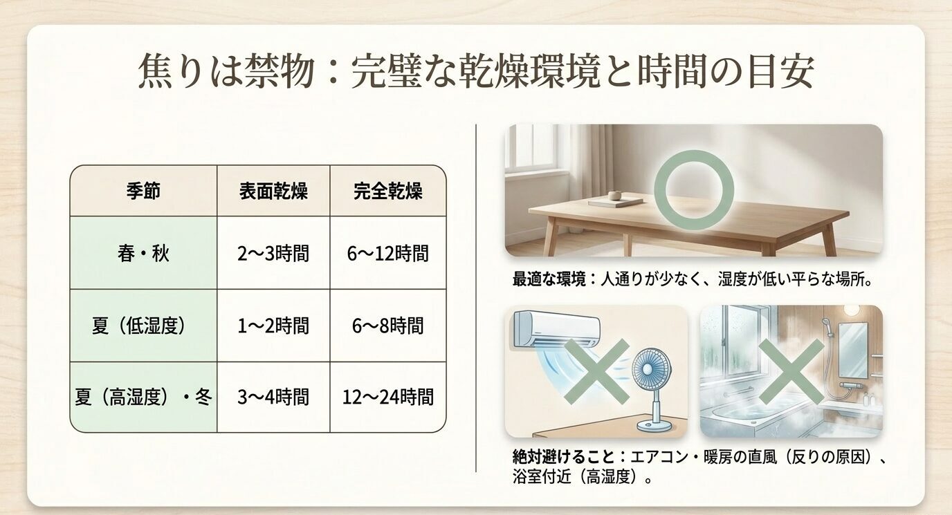 季節ごとのパズルのりの表面乾燥と完全乾燥の目安、乾燥に適した場所と避けるべき環境を示した表と図