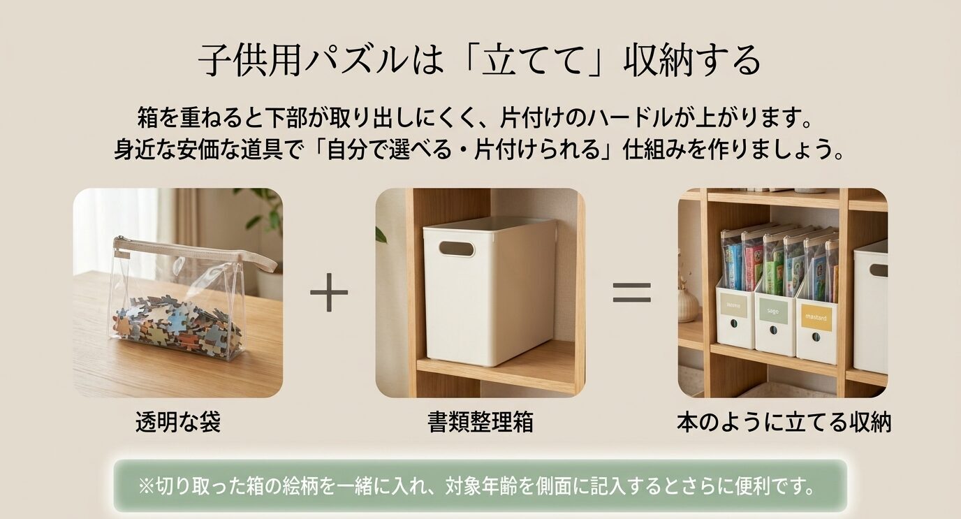 透明な袋と書類整理箱を使い、子供用パズルを本のように立てて収納する方法を示すスライド