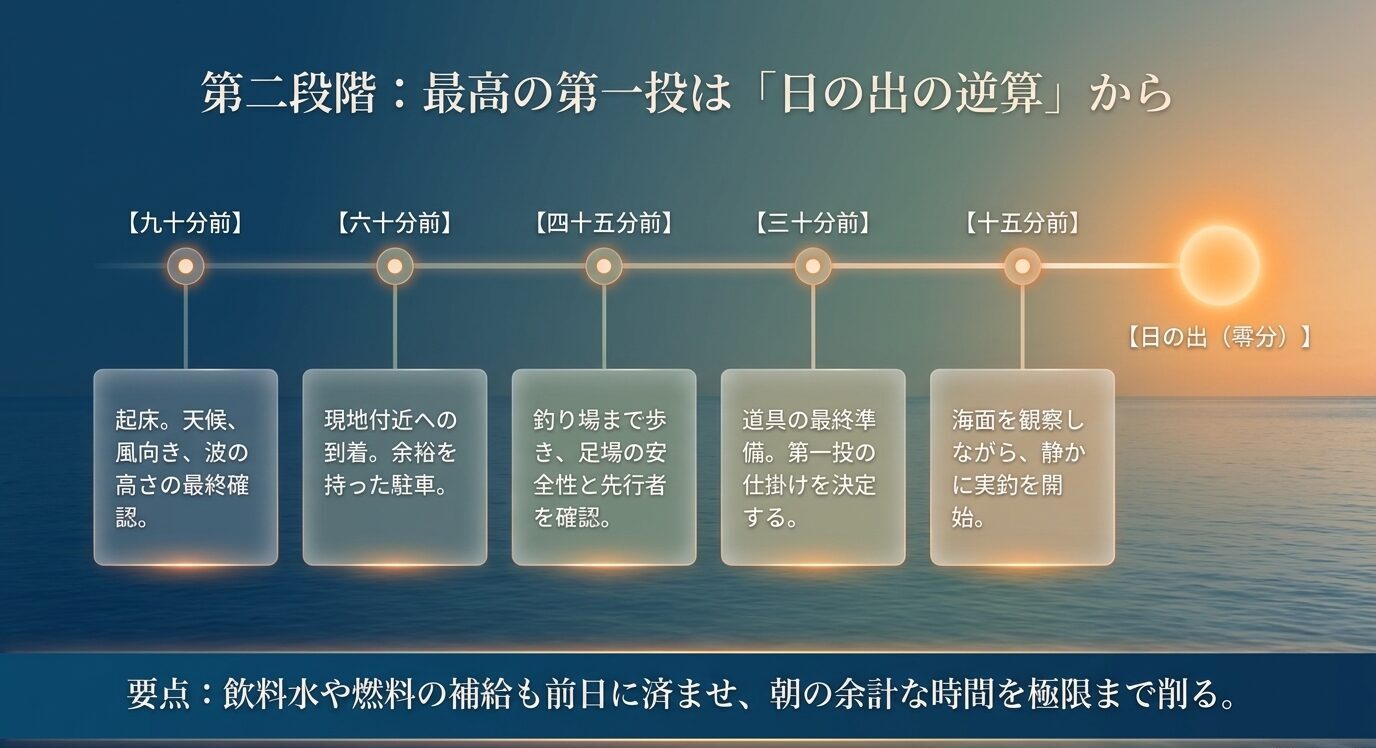 日の出90分前から15分前までの起床、移動、準備、実釣開始の流れをタイムラインで示すスライド