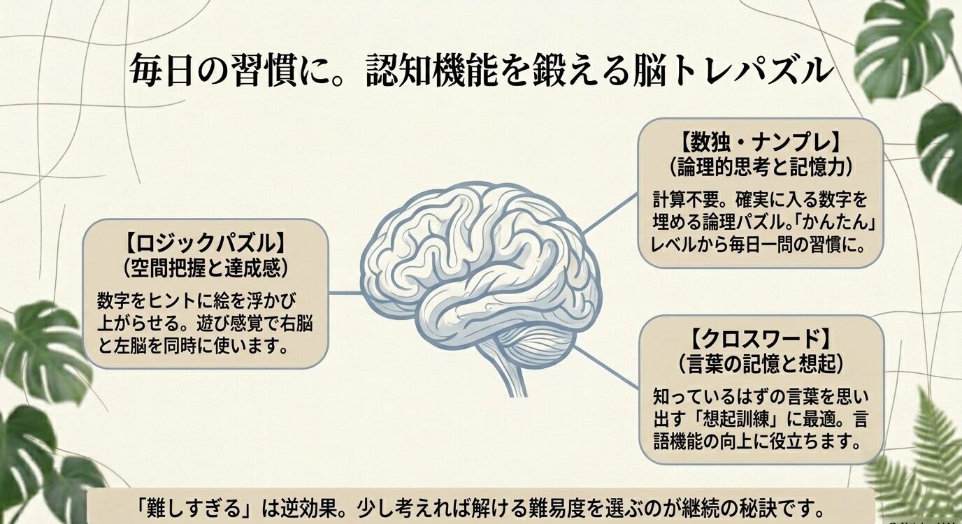 脳のイラストを中心に、ロジックパズル、数独・ナンプレ、クロスワードが鍛える力を説明したスライド。