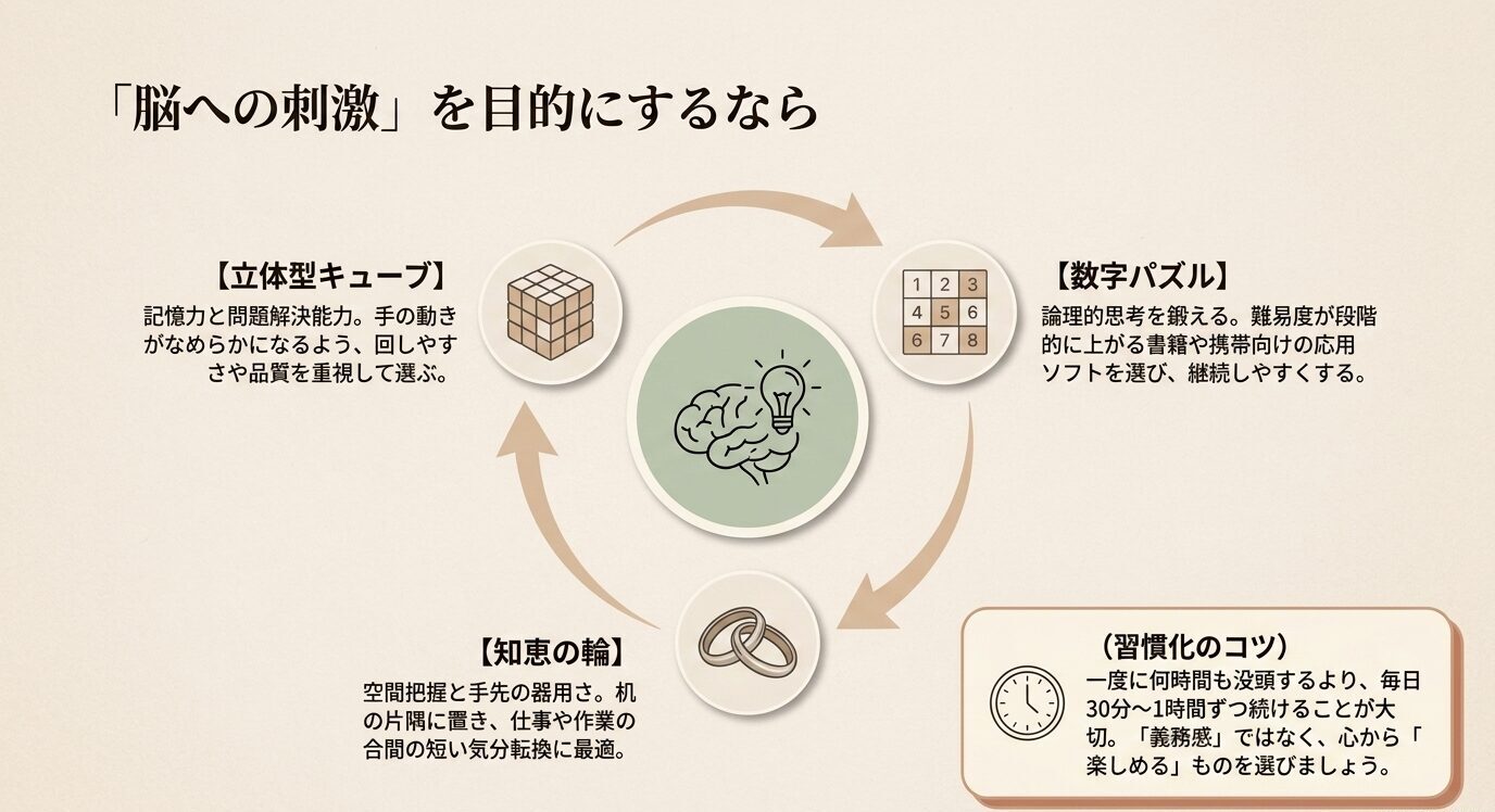 立体型キューブ、数字パズル、知恵の輪を脳への刺激に向くパズルとして紹介し、毎日30分から1時間続ける習慣化のコツを示した図。