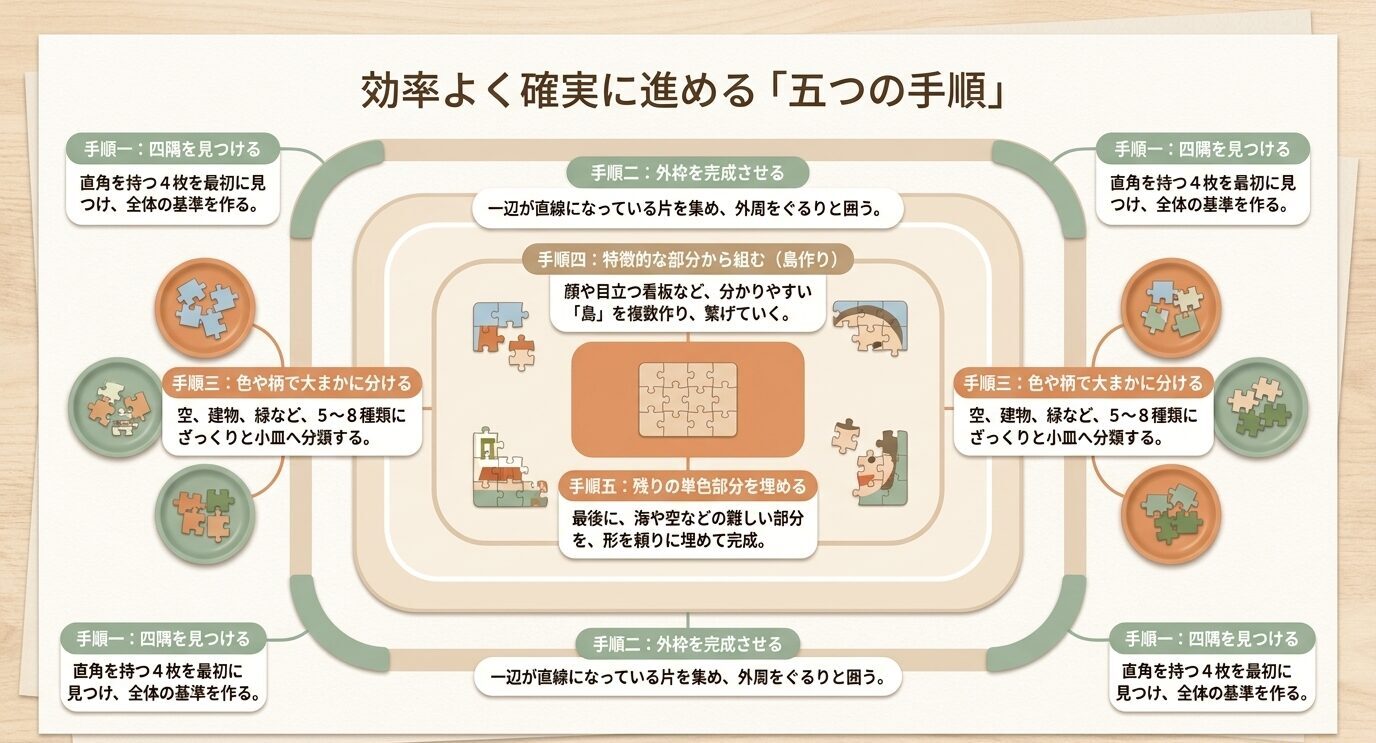 ジグソーパズルを四隅探し、外枠作り、色や柄の仕分け、特徴的な部分の組み立て、単色部分の仕上げの順に進める流れを示した図