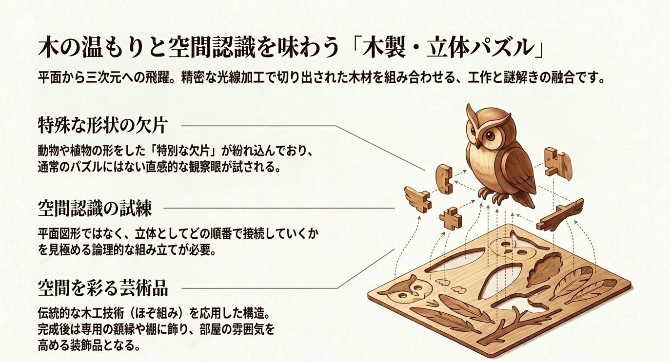 フクロウ型の木製立体パズルを組み立てる図で、特殊形状のピース、空間認識の試練、完成後に飾れる芸術品としての魅力を説明している。