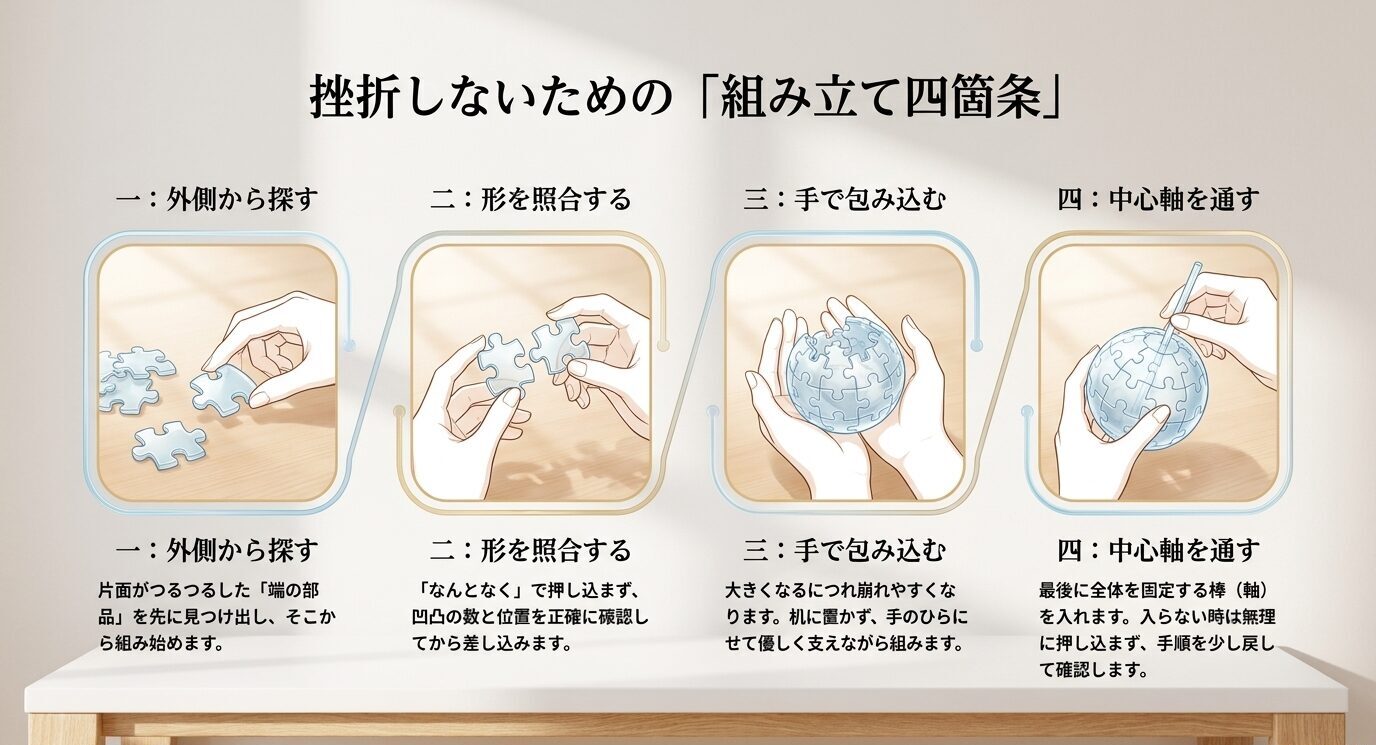 外側から探す、形を照合する、手で包み込む、中心軸を通すという四つの組み立て手順を示した図解