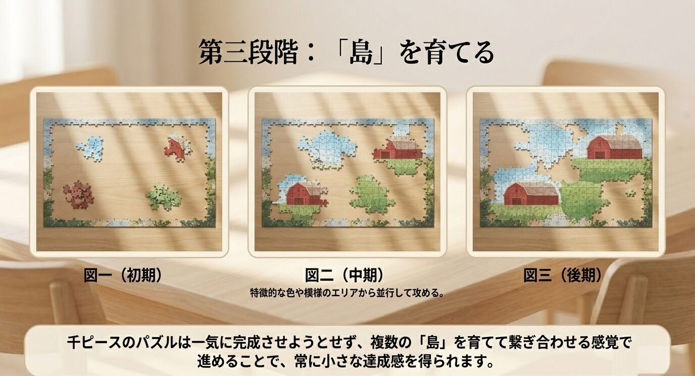1000ピースパズルを特徴的なエリアごとの島として少しずつ広げていく進行例を示したスライド