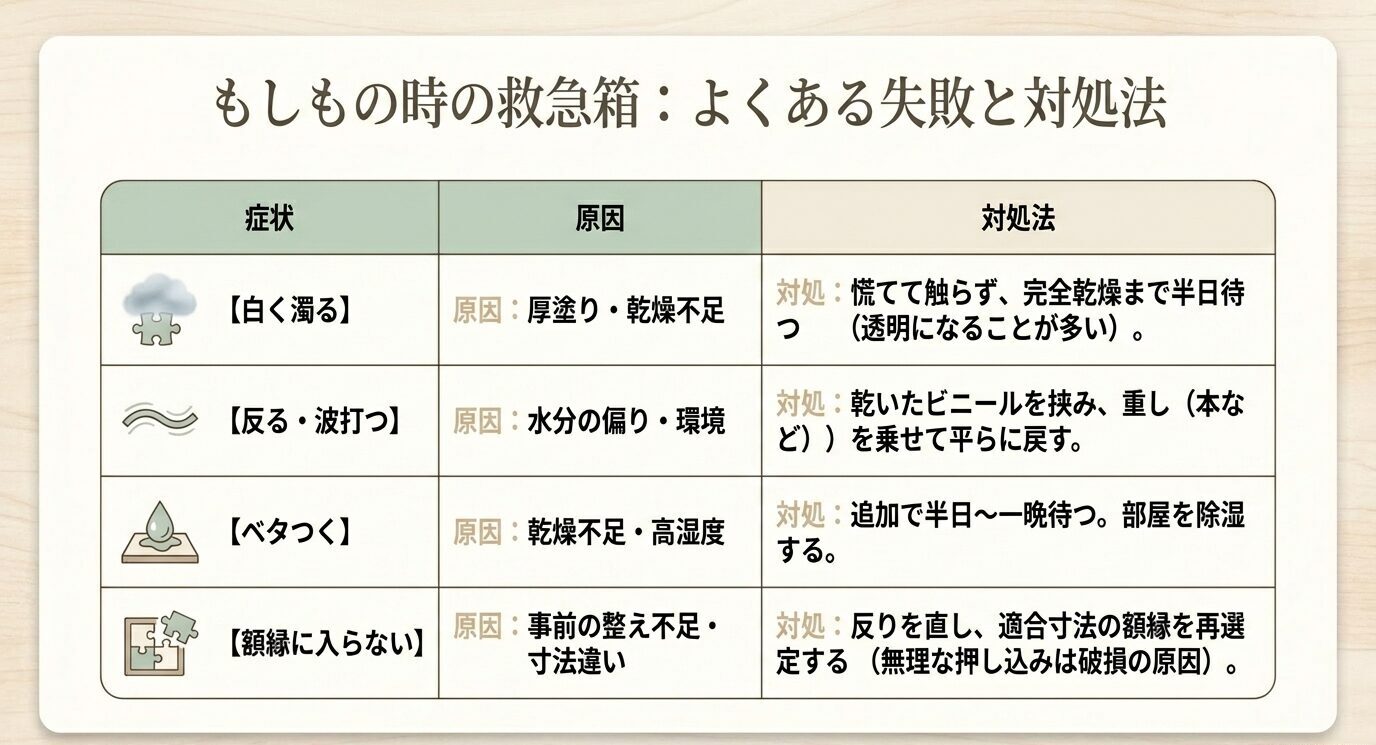 パズル糊付けで起きやすい白濁、反り、ベタつき、額縁に入らない症状の原因と対処法をまとめた表
