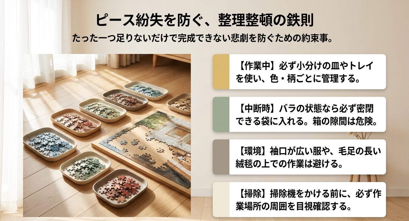 作業中の小分け管理、中断時の密閉保管、作業環境の注意、掃除前の確認をまとめたピース紛失防止スライド