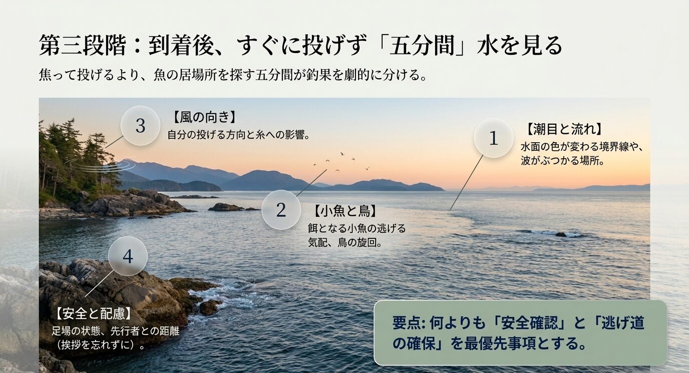 釣り場到着後に潮目、小魚や鳥、風向き、安全と配慮を確認するポイントを海辺の写真上に示したスライド