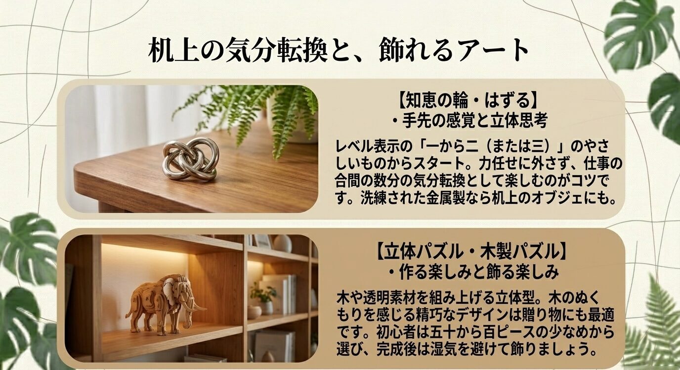 知恵の輪・はずるは手先の感覚と立体思考を使う気分転換、立体パズル・木製パズルは作って飾れる趣味として紹介したスライド。