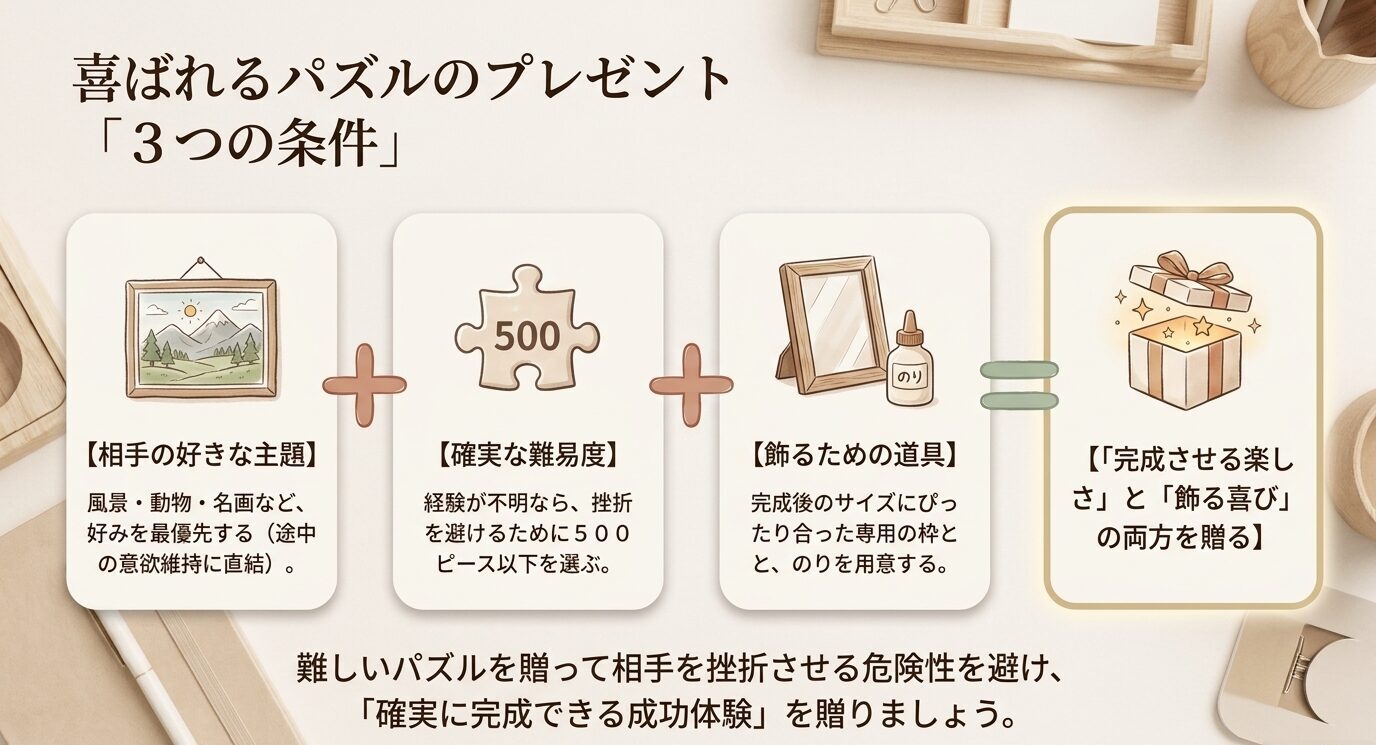 相手の好きな主題、500ピース以下を目安にした確実な難易度、フレームやのりなど飾るための道具を組み合わせるプレゼント選びの図。