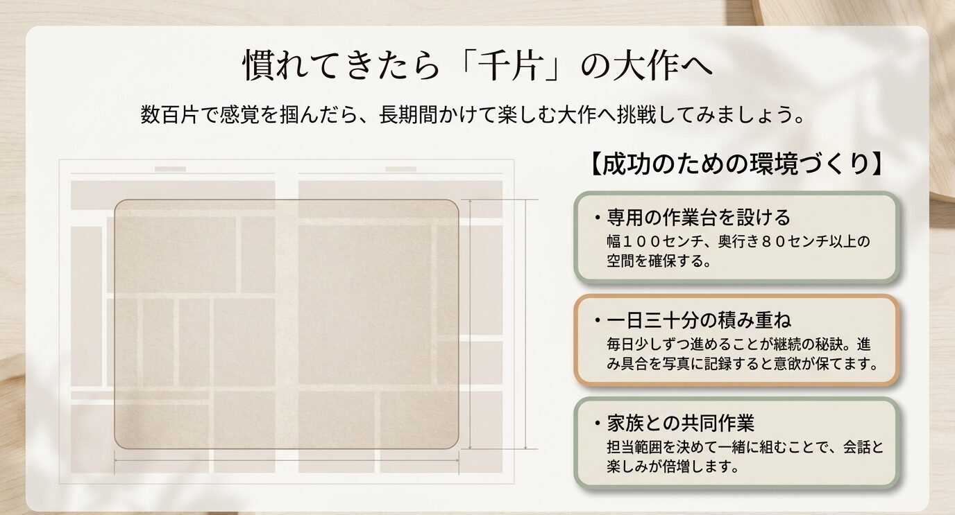 1000ピースの大作に挑戦する際の作業台、毎日の少しずつの進行、家族との共同作業のポイントをまとめた図