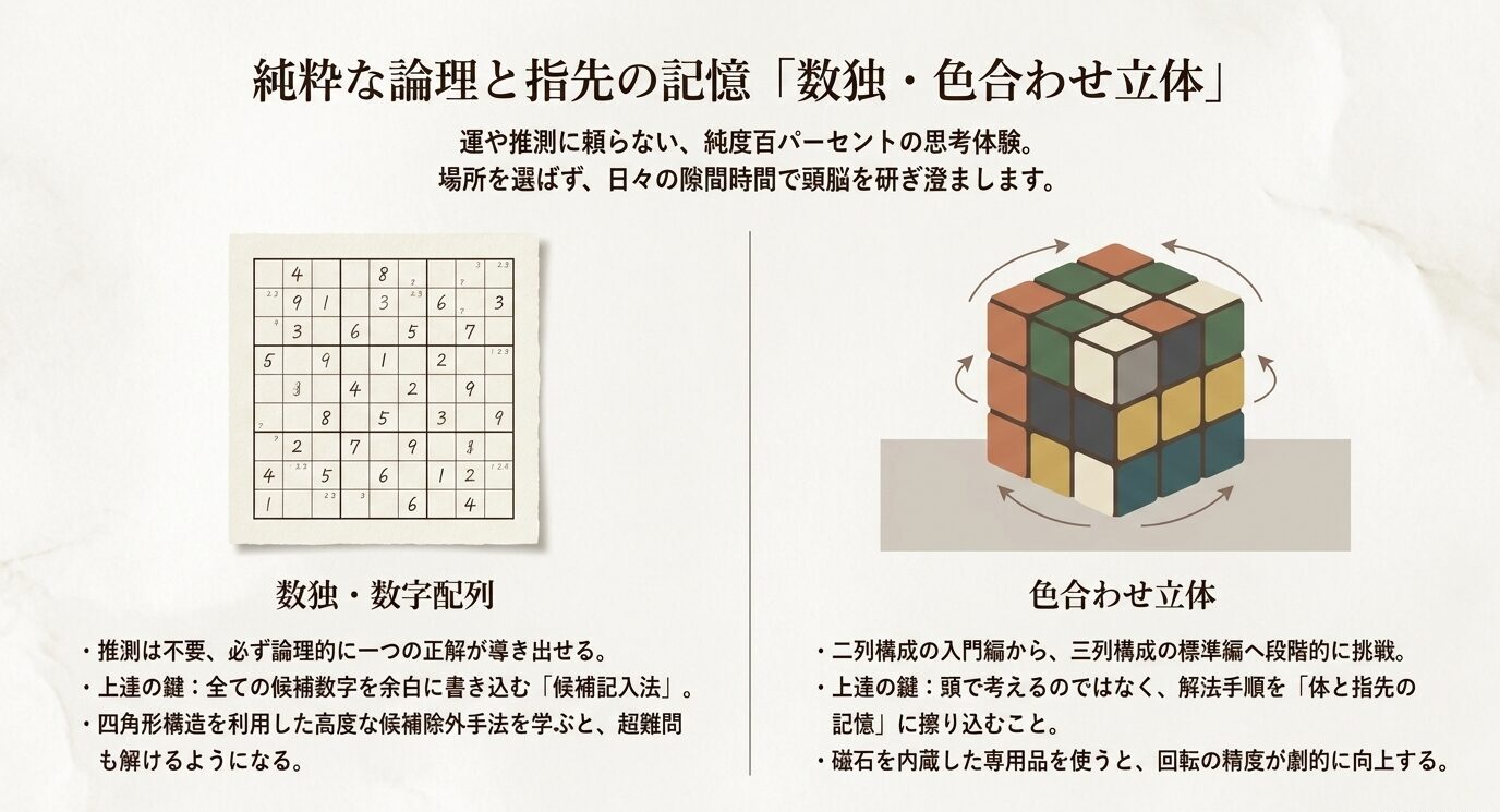 数独の紙面と色合わせ立体パズルを左右に並べ、数独は論理的な候補整理、色合わせ立体は解法手順と指先の記憶が重要であることを説明している。