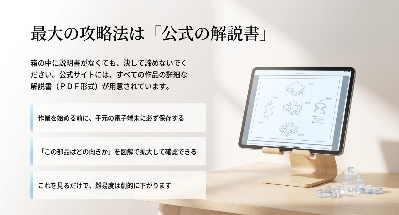 タブレットに表示した解説書PDFを見ながら、作業前に保存してピースの向きを確認する重要性を説明する画像