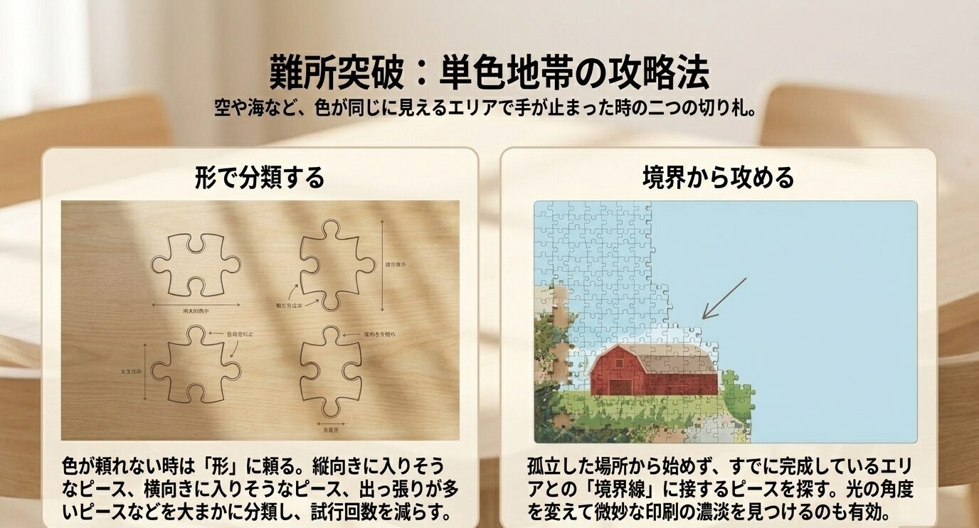 色の手がかりが少ない単色エリアで、ピースの形による分類と完成済みエリアの境界から攻める方法を示したスライド