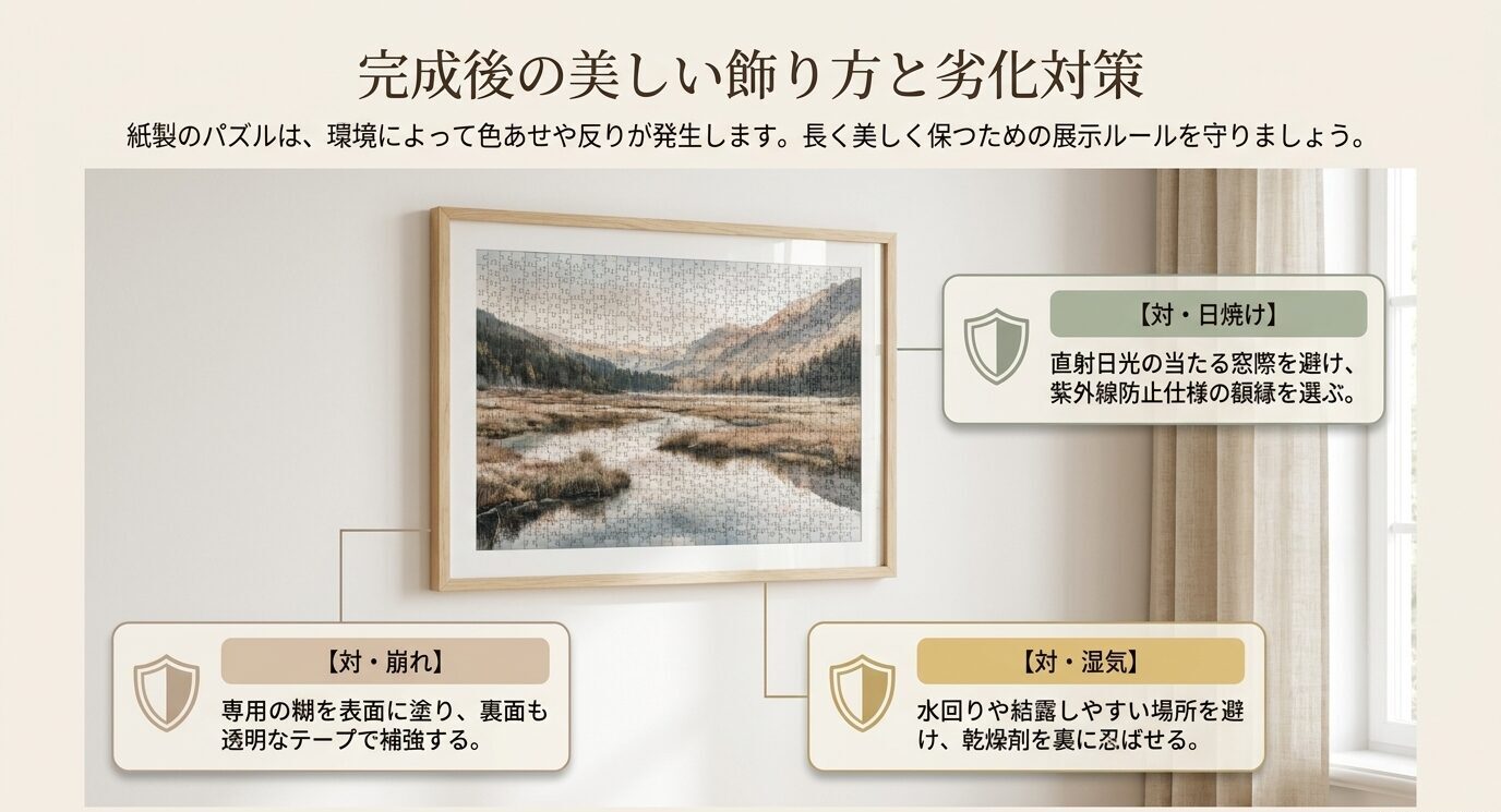 完成したパズルを壁に飾る際の日焼け、湿気、崩れを防ぐための対策を示すスライド