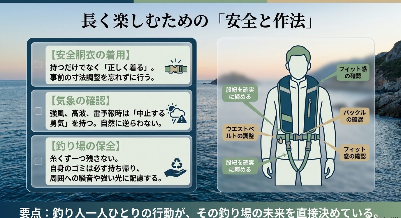 安全胴衣の着用、気象確認、釣り場保全の三つを示し、ライフジャケットのベルトやバックル確認も説明するスライド