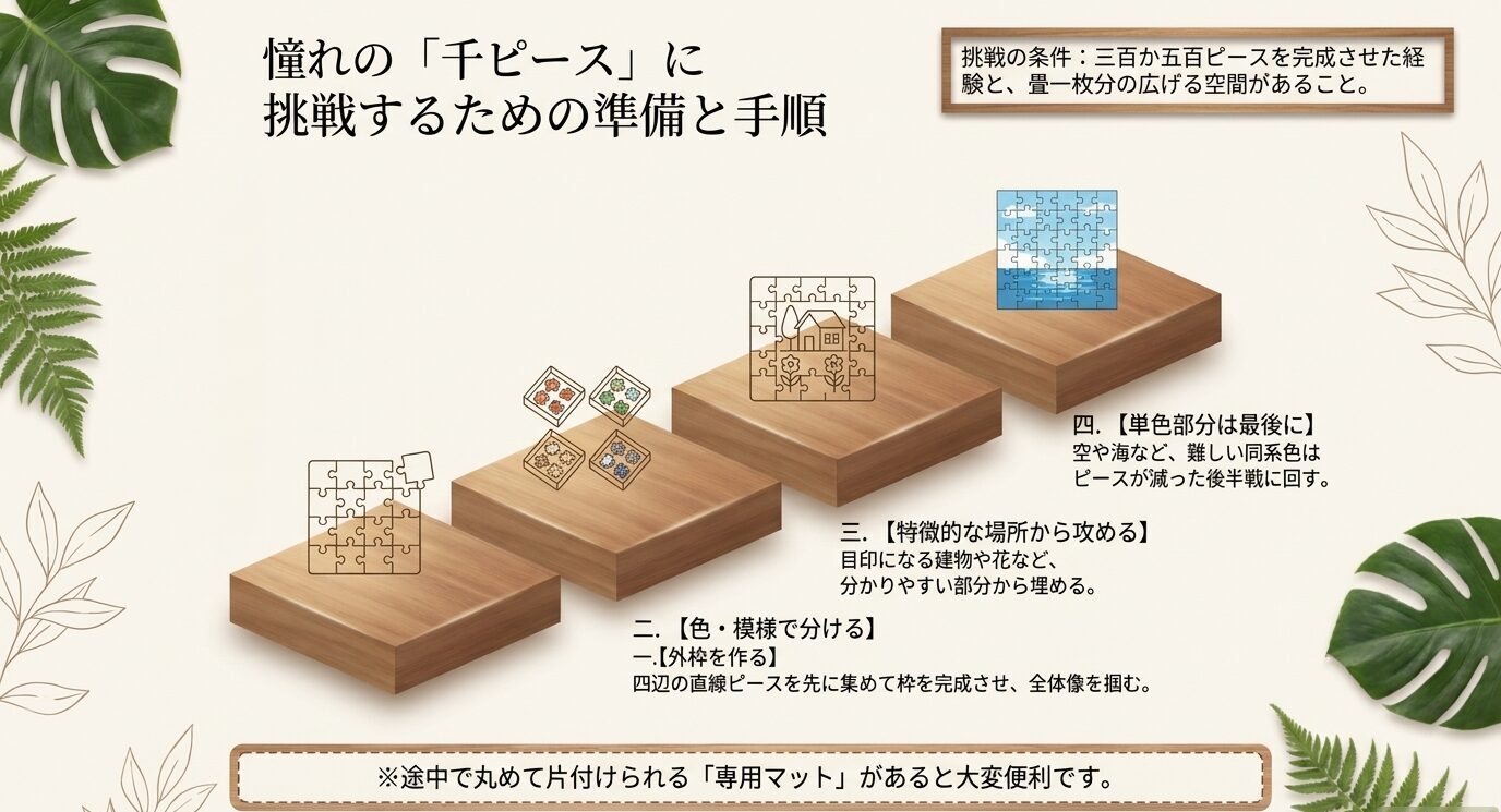 1000ピースに挑戦するために、外枠を作る、色や模様で分ける、特徴的な場所から攻める、単色部分を最後に回す手順を示したスライド。