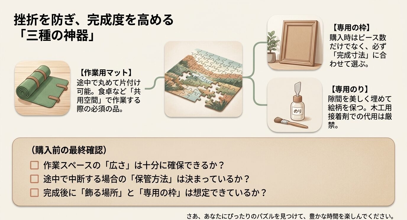 ジグソーパズルを快適に続けるための作業用マット、専用フレーム、専用のりと、購入前に確認したい作業スペースや保管方法をまとめた図。