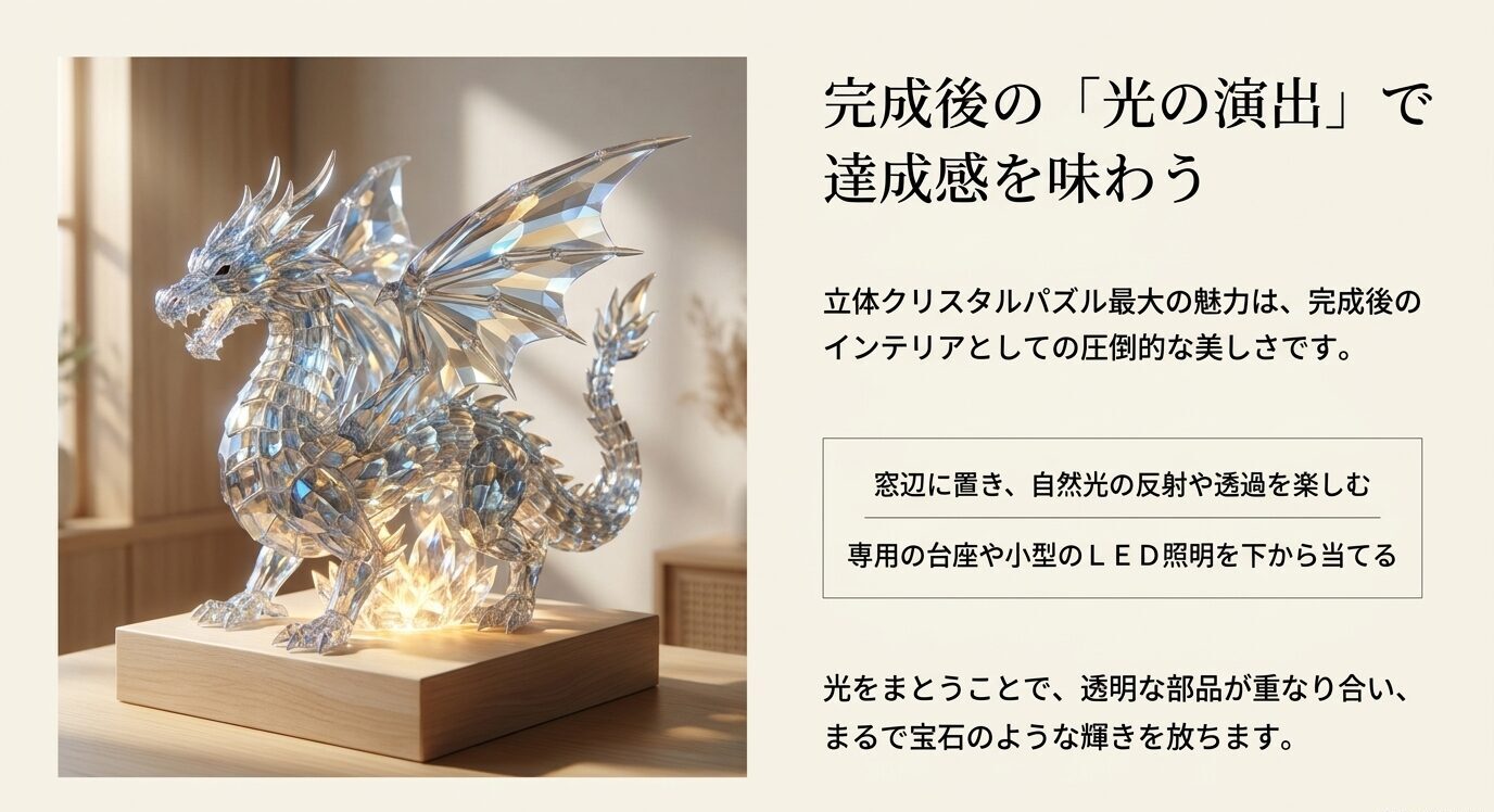LEDライトを当てた透明なドラゴン型クリスタルパズルが、自然光と照明で輝いている様子