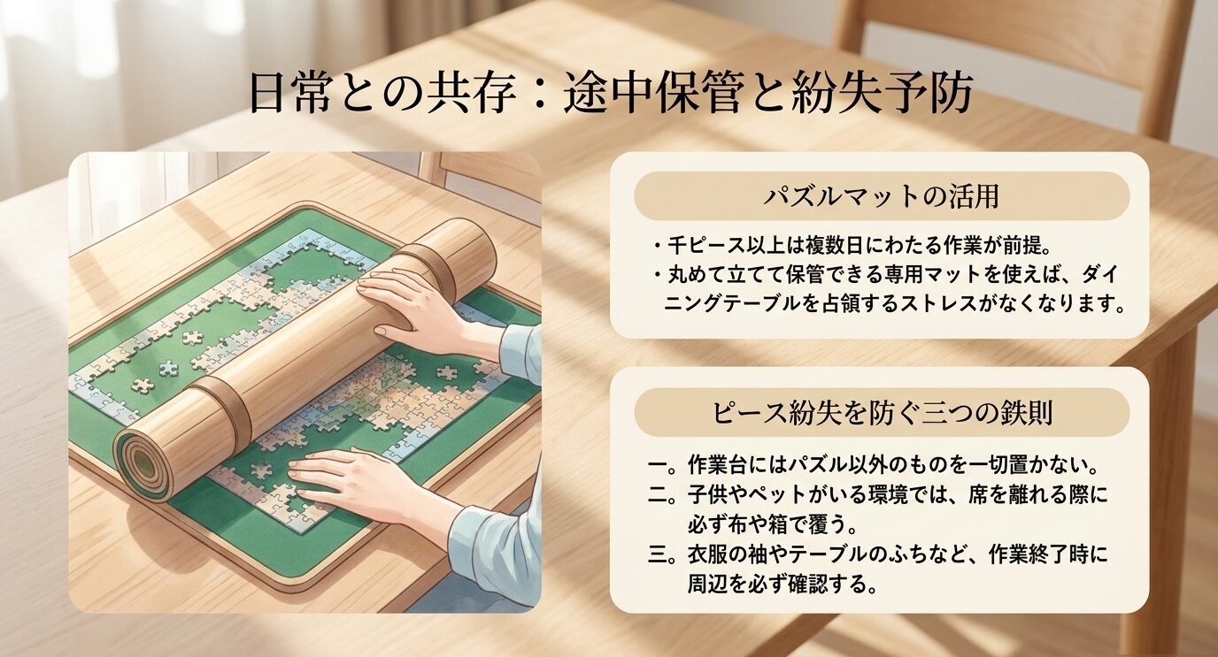 パズルマットで途中のパズルを巻いて保管する様子と、ピース紛失を防ぐための注意点を示したスライド