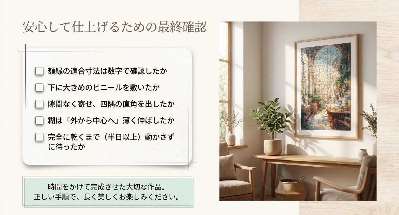 額縁サイズ、下敷き、隙間詰め、糊の塗り方、乾燥時間を確認するためのパズル糊付け最終チェックリスト