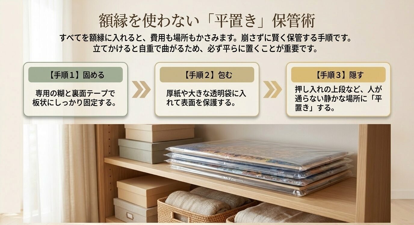 完成パズルを専用のりや裏面テープで固定し、袋で保護して平置き保管する手順を示すスライド