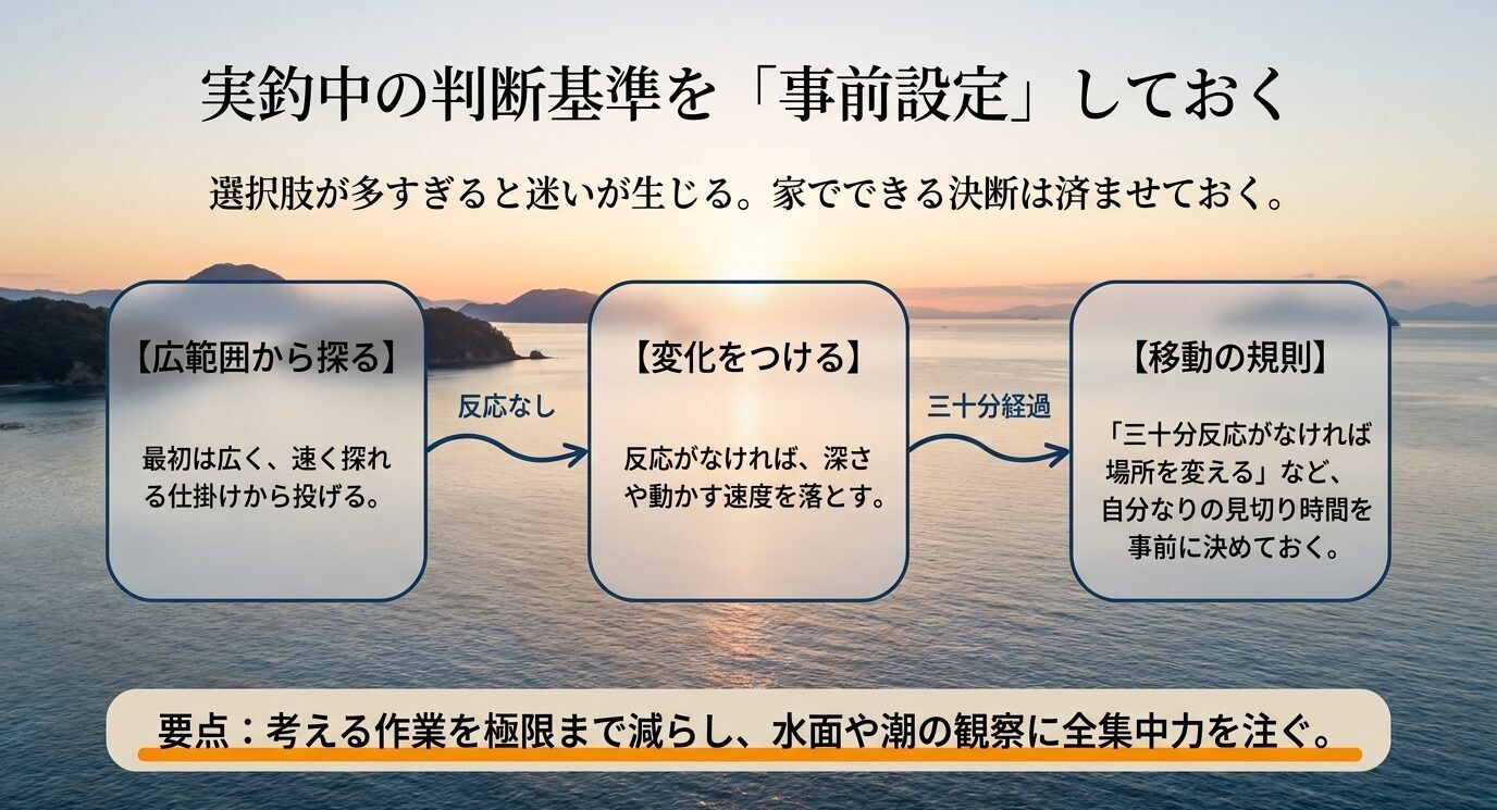 広範囲から探り、反応がなければ深さや速度を変え、一定時間後に移動する判断の流れを示したスライド