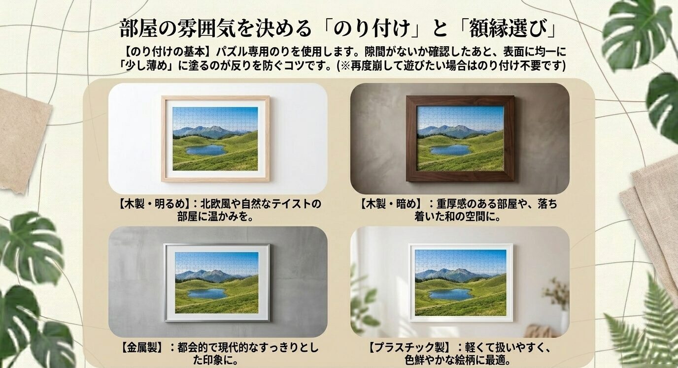 ジグソーパズル専用のりの使い方と、明るめの木製、暗めの木製、金属製、プラスチック製フレームの印象を比較したスライド。
