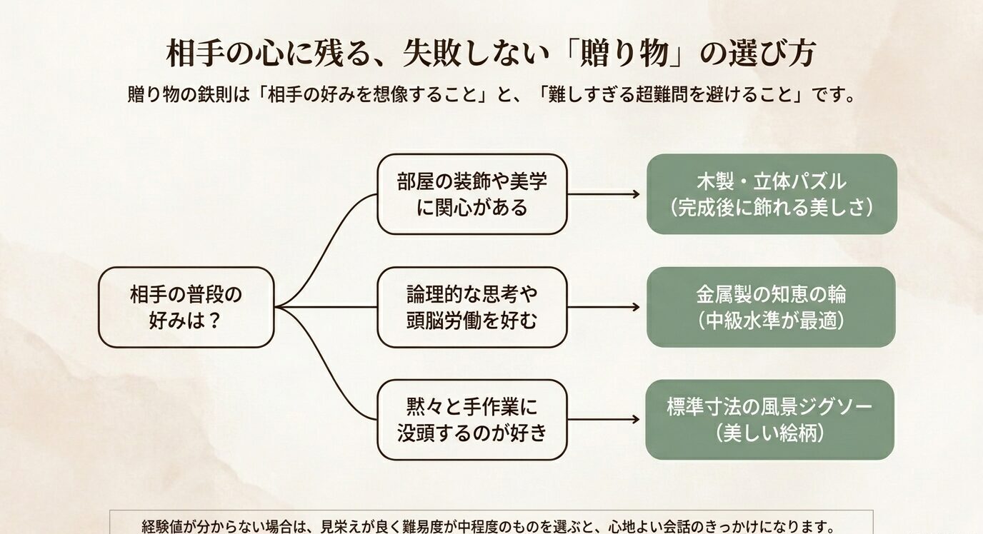相手の普段の好みから、木製・立体パズル、金属製の知恵の輪、標準寸法の風景ジグソーへ分岐するプレゼント選びのフローチャート。