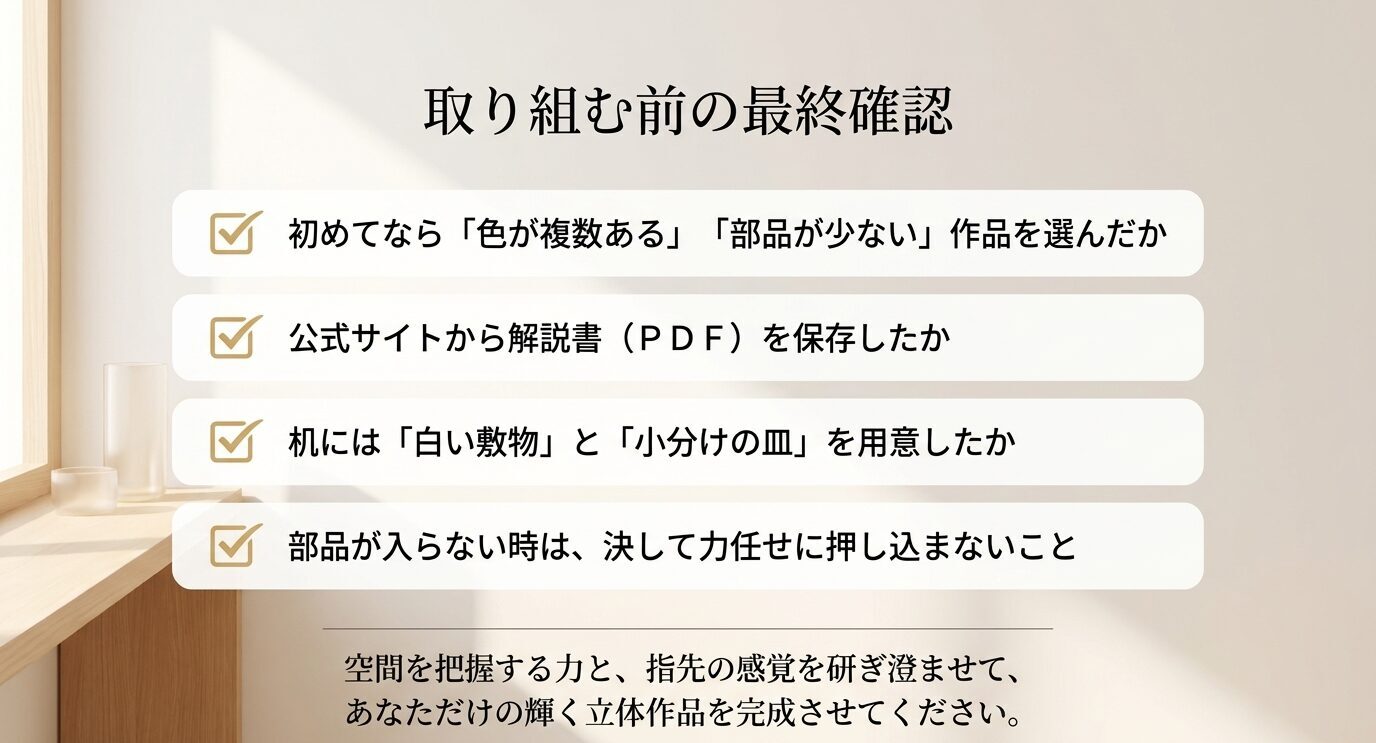 色分けされた少ピース作品の選択、解説書PDFの保存、白い敷物と小分け皿の準備、部品を無理に押し込まないことを確認するチェックリスト画像