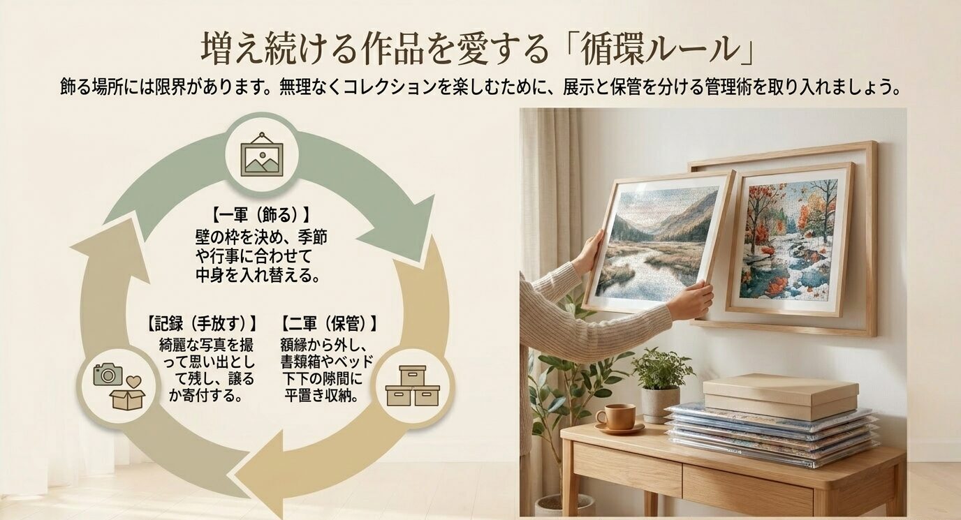 完成パズルを一軍として飾り、二軍として平置き保管し、写真で記録して手放す循環ルールを示すスライド