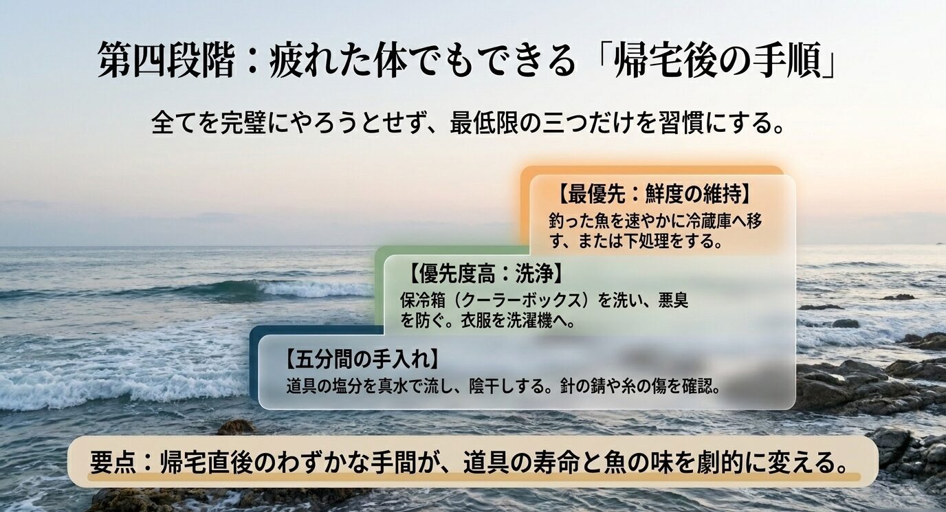 帰宅後に魚を冷蔵または下処理し、クーラーボックスや衣類を洗い、道具を真水で洗って乾かす流れを示すスライド
