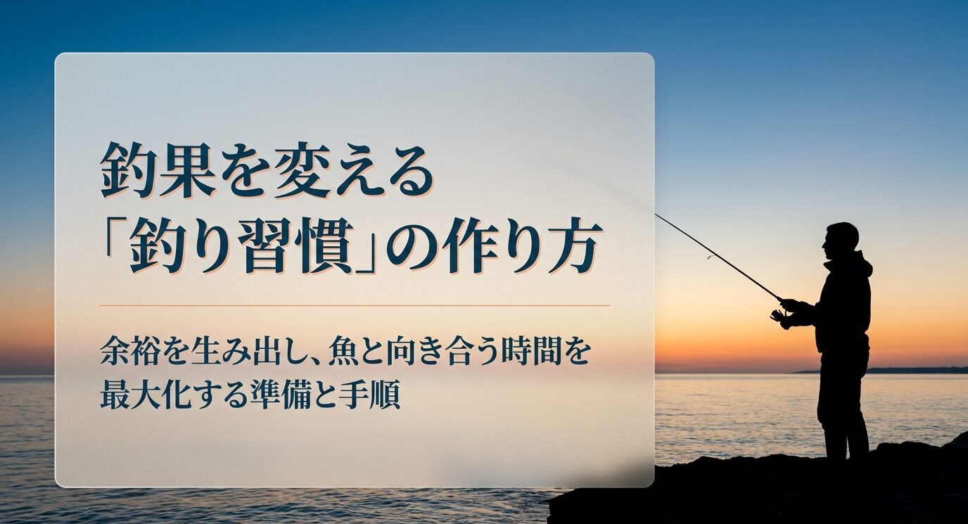 朝焼けの海で釣りをする人物と、「釣果を変える『釣り習慣』の作り方」というタイトルが表示されたスライド