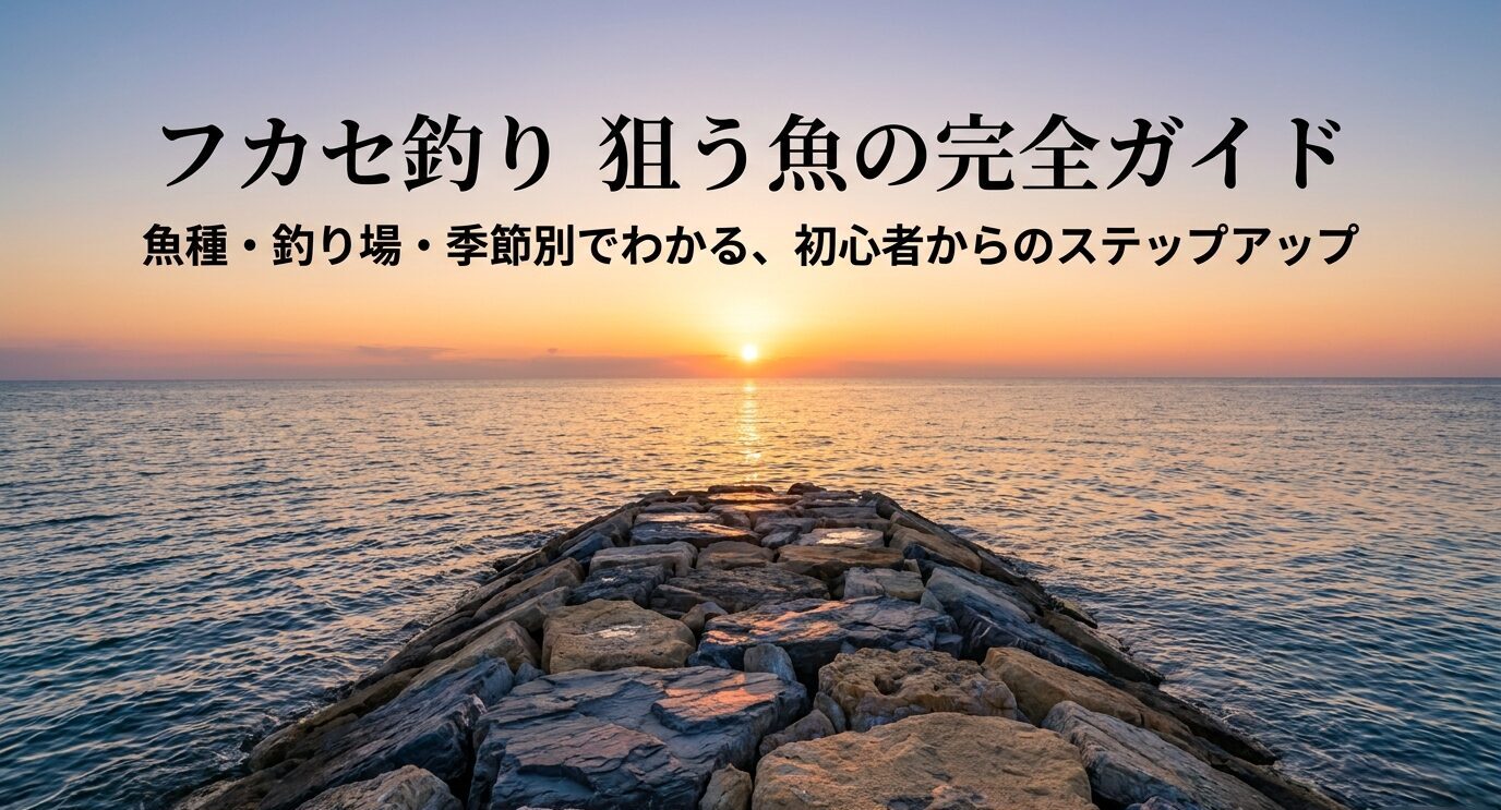 夕暮れの海と堤防を背景に、フカセ釣りで狙う魚を魚種・釣り場・季節別に解説することを示したスライド