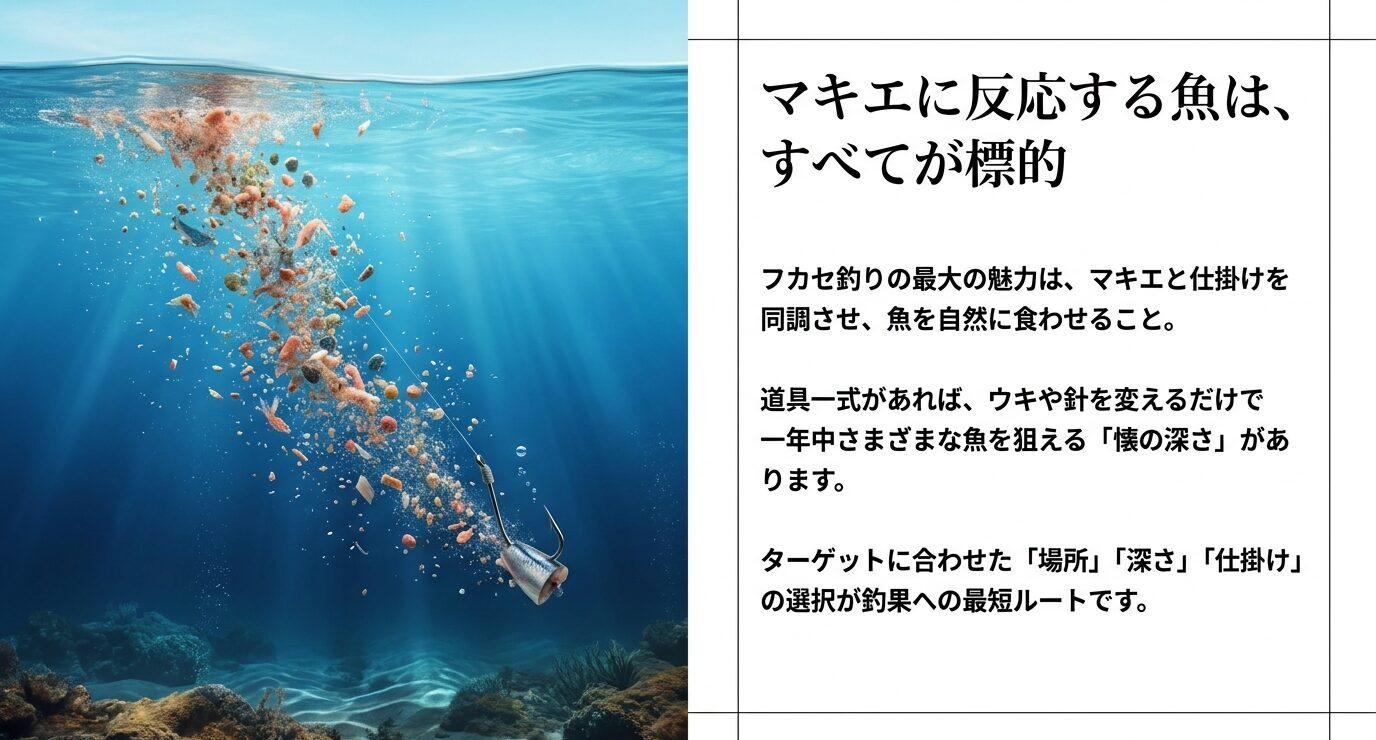 水中に撒かれたマキエと仕掛けを示し、マキエに反応する魚がフカセ釣りの対象になることを説明したスライド