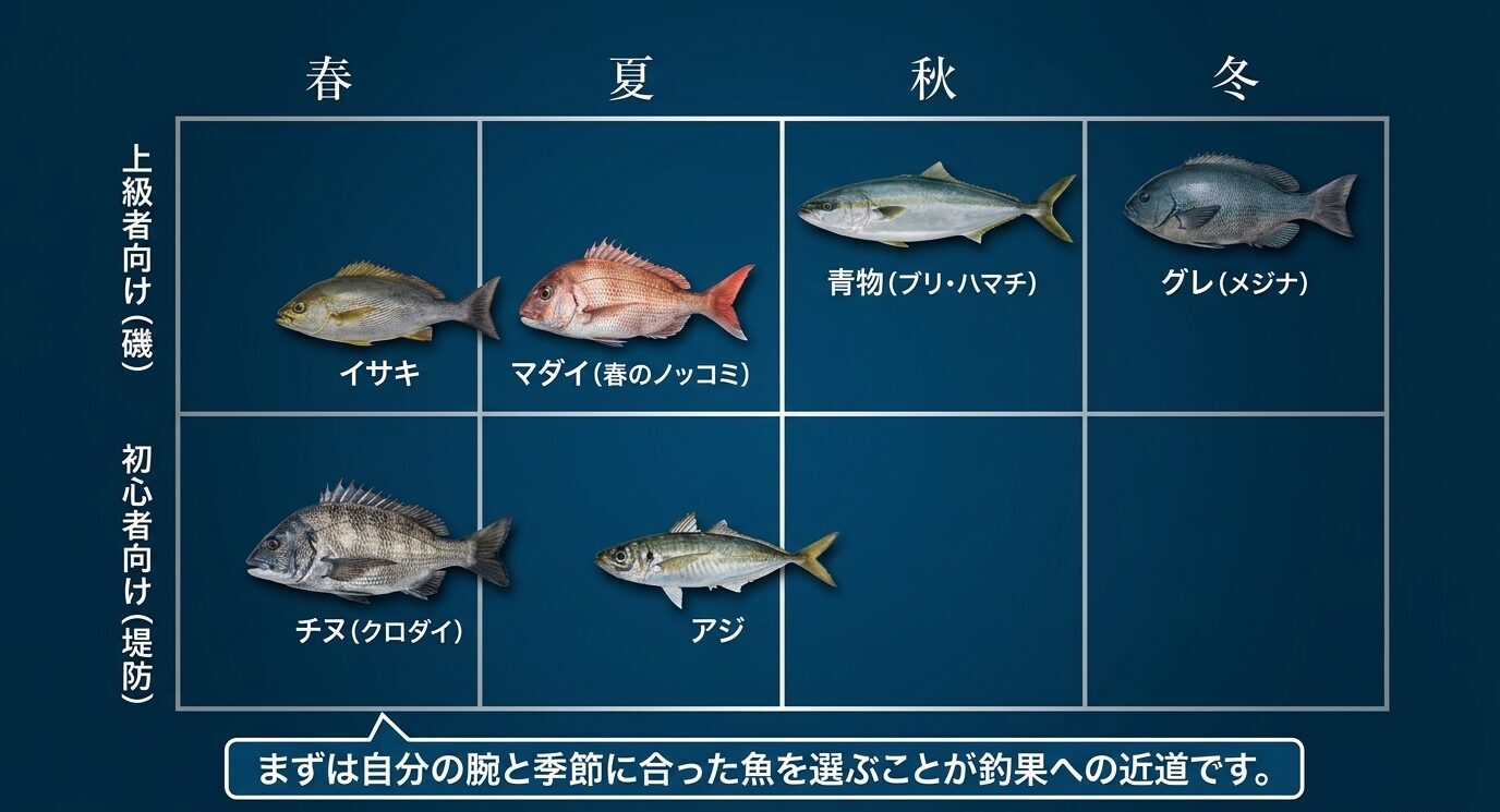 春夏秋冬ごとに、磯向けのイサキ・マダイ・青物・グレ、堤防向けのチヌ・アジを整理したターゲット表