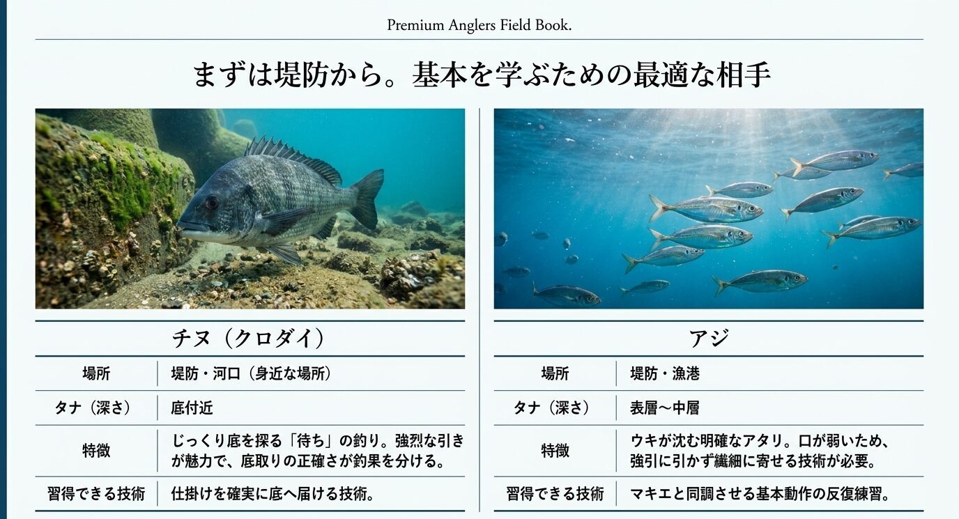 堤防や漁港で狙いやすいチヌとアジについて、釣り場・タナ・特徴・習得できる技術を比較したスライド