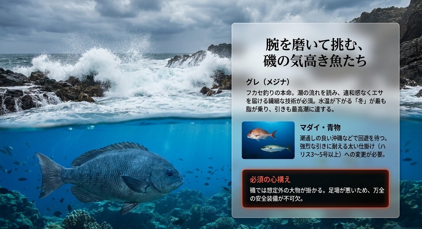 荒磯と海中のグレを背景に、磯フカセで狙うグレ・マダイ・青物と安全装備の必要性を示したスライド